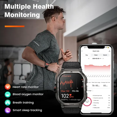 Miniatura 7 de AMAZTIM Reloj Inteligente, Batería Extra Larga de 60 Días, Resistente al Agua 5ATM para Natación y Buceo, Grado Militar de Metal Completo, Negro