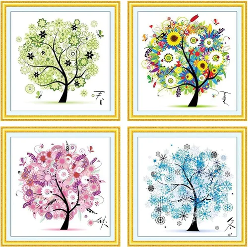 Berry President Kit de hilo de algodón con punto de cruz para hermosas flores de colores ricos y árbol feliz – cuatro estaciones