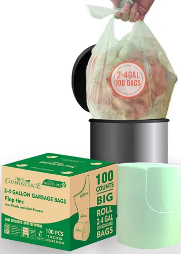Miniatura 11 de BEIDOU-PAC Bolsas de basura compostables con solapa de 1 a 2 galones, 120 bolsas de abono pequeñas, bolsas de basura biodegradables para cocina