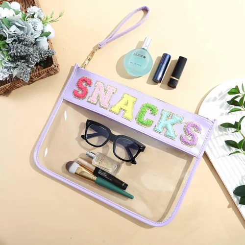 Miniatura 6 de TopTTanBo Bolsa transparente de chenilla con letras, multiusos, transparente, impermeable, para aperitivos, maquillaje, con correa para la muñeca