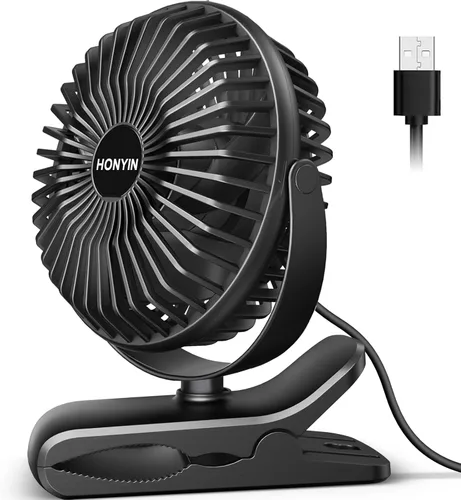 HONYIN Escritorio pequeño de rotación de 720° y ventilador de clip con abrazadera resistente, 3 velocidades, silencioso ventilador de refrigeración