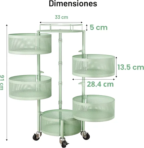 Miniatura 2 de SAYZH Cesta de frutas y verduras para cocina, estante de almacenamiento giratorio, carrito rodante de 5 niveles con tapa superior, ruedas de alambre
