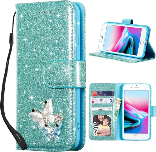 Miniatura 21 de UEEBAI Funda tipo cartera para iPhone 11, funda de piel sintética con purpurina para teléfono, ranuras para tarjetas, funda con función atril