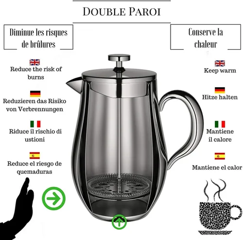 Miniatura 6 de VeoHome - Cafetera de pistón de 1 litro - Irrompible y mantiene el café caliente durante mucho tiempo gracias a su doble carcasa de acero inoxidable