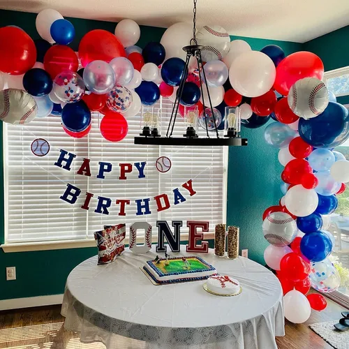 Miniatura 4 de Arco de globos rojos, blancos y azules, 130 unidades, guirnalda de globos azul claro azul claro y blanco con globos de confeti para béisbol, 4