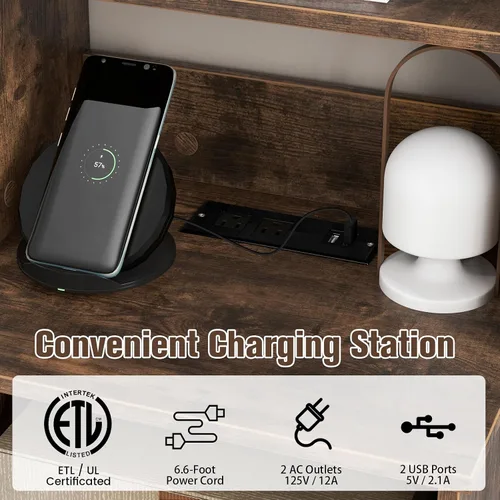 Miniatura 5 de GOFLAME Mesita de noche con estación de carga y puertos USB, mesita de noche de 56 pulgadas de alto con estantes abiertos ajustables, armario