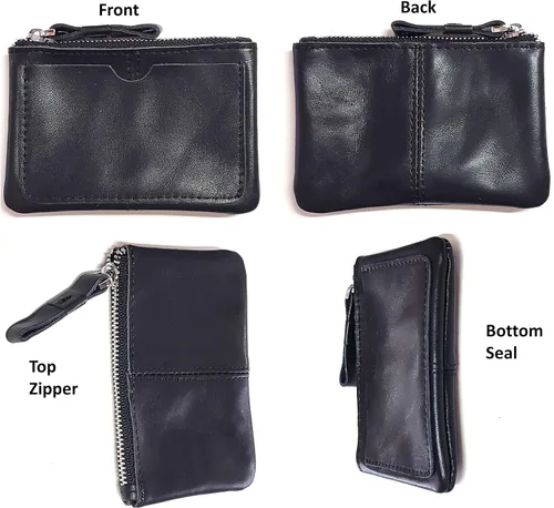 Miniatura 2 de Monedero de cuero genuino para mujeres y hombres, estilo vintage, cuero de grano de vacuno, delgado, minitarjetero con cremallera de metal con asa
