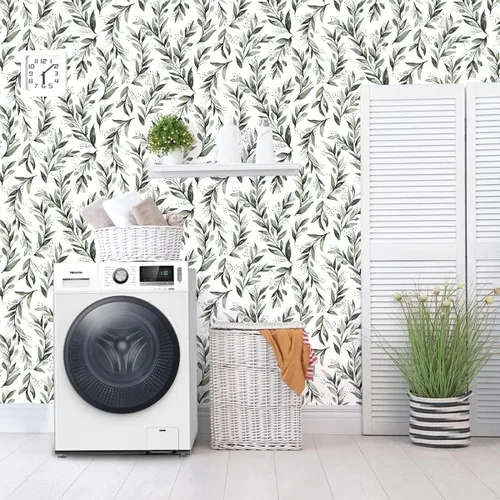 Miniatura 7 de Erfoni Papel Tapiz Verde y Blanco Despegar y Pegar Papel Tapiz de Contacto Floral para Dormitorio 17.7 pulgadas x 78.7 pulgadas Papel Tapiz