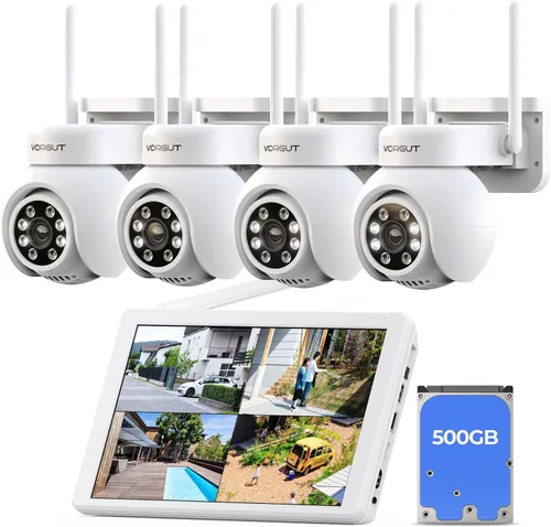 Sistema de cámara de seguridad inalámbrica, 4 cámaras PTZ de 3MP para exteriores para vigilancia del hogar, monitor LCD NVR de 10 canales de 10