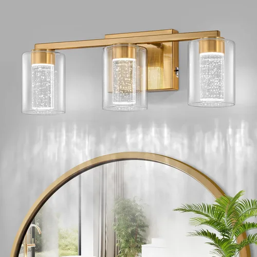 SineRise Lámpara de tocador dorada de 3 luces con 3 modos de color (3000K/4000K/6000K), Accesorio de luz LED para baño con protección ocular, Luz de