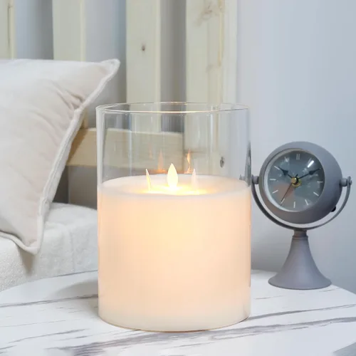 Miniatura 4 de JHY DESIGN Velas de cristal sin llama de 3 mechas de 8 pulgadas de alto operadas por batería con llama danzante parpadeante LED velas tipo pilar