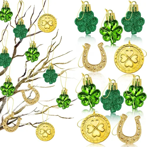 Miniatura 8 de Juego de adornos de tréboles del día de San Patricio, 48 piezas de trébol de la buena suerte, adornos colgantes decorativos de trébol verde