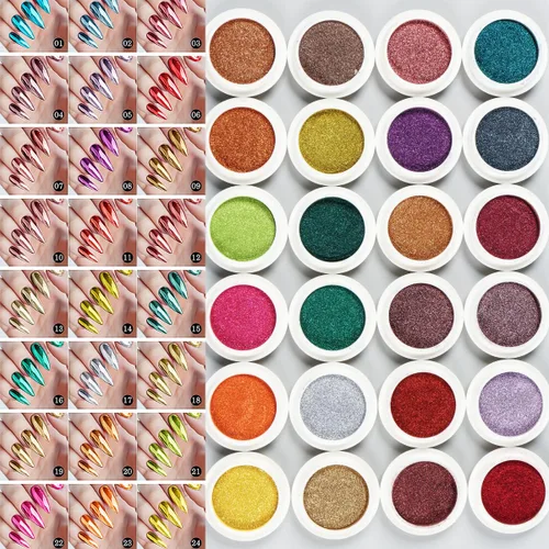 Miniatura 2 de Juego de 24 polvos cromados para uñas, efecto espejo metálico, holográfico, iridiscente, aurora, sirena, pigmento de polvo de uñas plateado, rojo