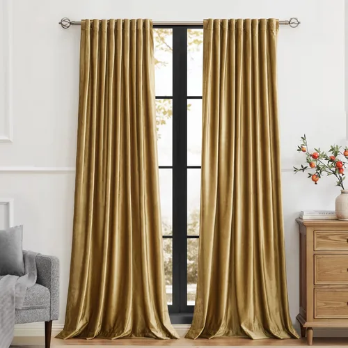 Miniatura 3 de Cortinas opacas de terciopelo dorado de 108 pulgadas para sala de estar, totalmente opacas, elegantes, 2 paneles con pestaña trasera, aislamiento