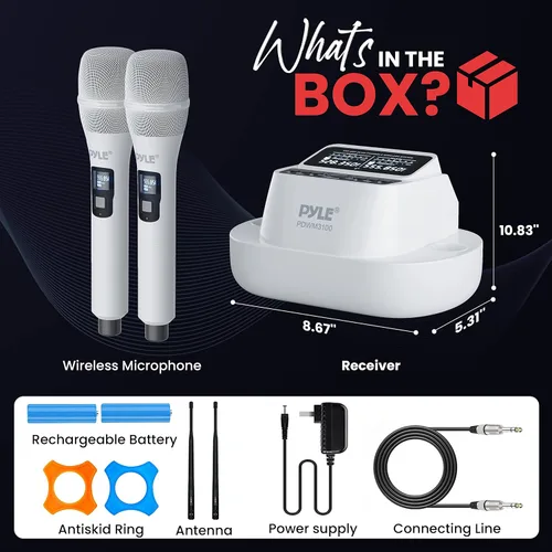 Miniatura 7 de Pyle Sistema de micrófono inalámbrico UHF - Receptor Bluetooth con 2 micrófonos de mano recargables, baterías de 1200 mAh, sonido claro