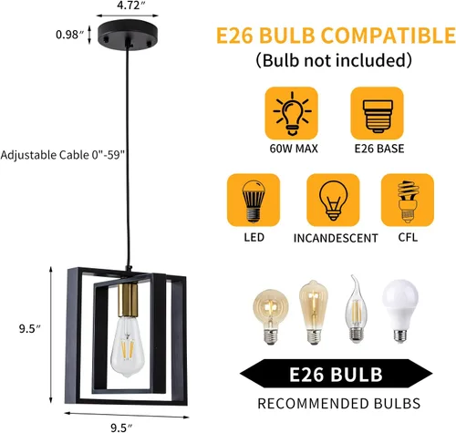 Miniatura 3 de Lámpara colgante negra de granja, candelabro pequeño de 1 luz, lámpara de comedor de madera con cable ajustable, luces colgantes para pasillo, isla
