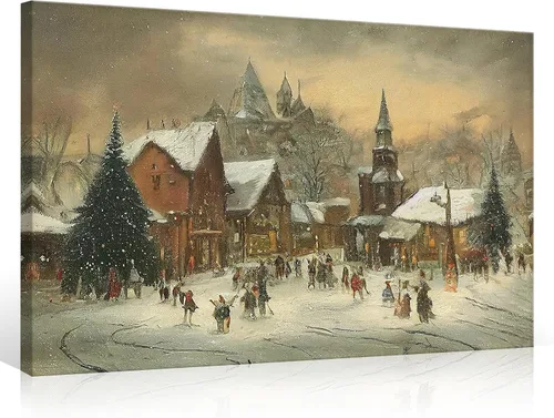 Miniatura 12 de Huabsad Lienzo vintage de Navidad con diseño de casa de campo, arte de pared, estilo retro, nieve, invierno, pueblo, paisaje, famoso, pintura al