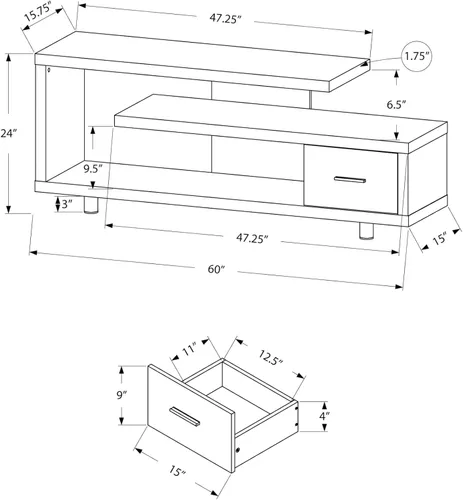 Miniatura 4 de Monarch Specialties I STAND-60 L TOP gris con soporte para TV con 1 cajón, color negro