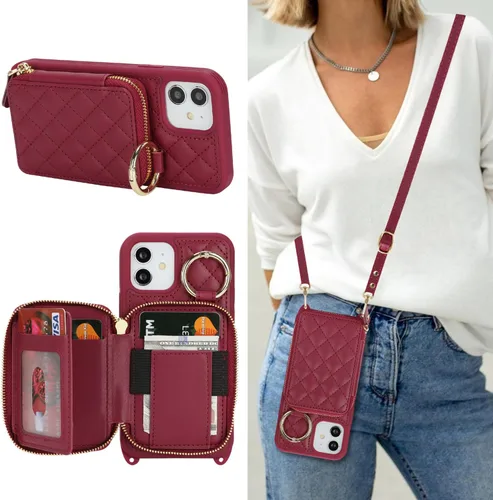 Miniatura 30 de Funda Cartera Bandolera para iPhone 11, Cuero PU Cremallera Bolso Cartera Funda Plegable con Tapa, Funda Folio con Soporte con Ranuras para Tarjetas