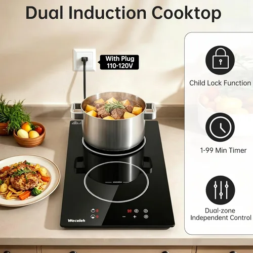 Miniatura 5 de Placa de inducción de dos quemadores de 3300 W, estufa de inducción de doble quemador con 9 niveles de potencia, estufa eléctrica de 12 pulgadas