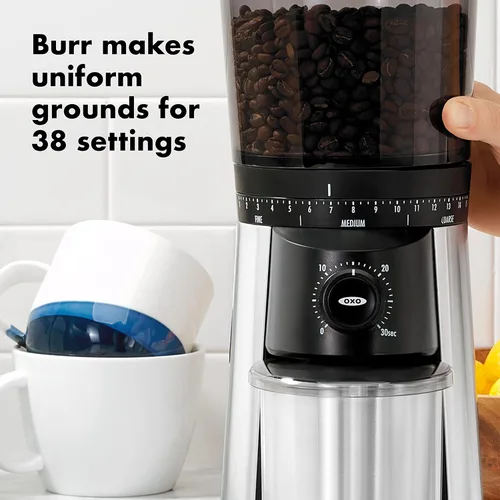 Miniatura 7 de OXO Cafetera de 8 tazas, molinillo de café cónico de acero inoxidable y rebabas