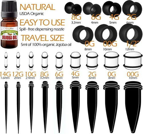 Miniatura 3 de BodyJ4You - Juego de 50 medidores de calibre para estiramientos de oreja y aceite de jojoba para cuidados posteriores, 14 G-12 mm, juego de tapones