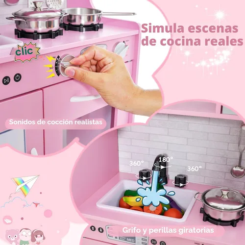 Miniatura 2 de HONEY JOY Set de cocina de madera de juguete para niños, juego de simulación de pequeño chef con pizarra, teléfono, utensilios, horno, microondas