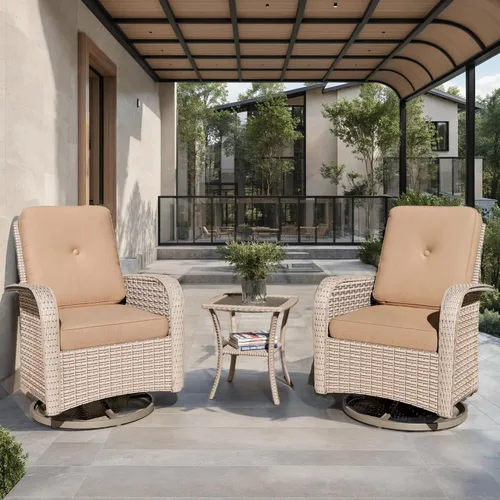 Miniatura 12 de Juego de muebles de patio de 3 piezas, sillas mecedoras giratorias para exteriores con mesa auxiliar de ratán, juegos de mimbre para patio