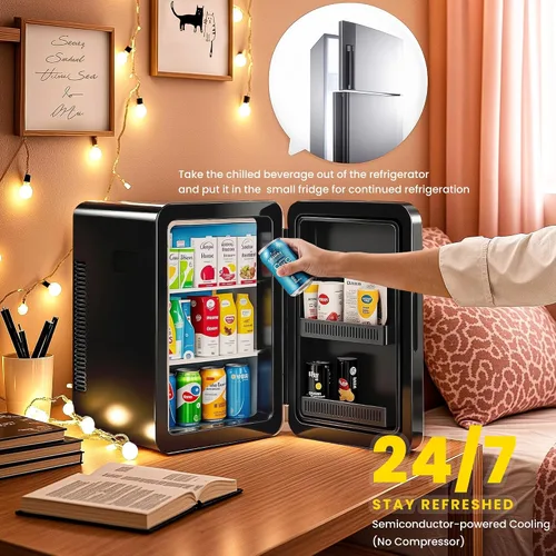Miniatura 5 de Kikihouse Mini refrigerador de 22L/30 latas para dormitorio, enfriador y calentador portátil de 12 V CC, mini refrigerador con frente de vidrio