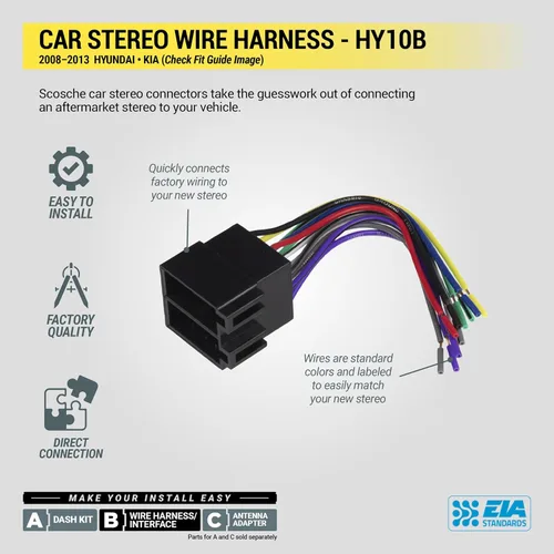 Miniatura 5 de Scosche HY10B Arnés de cableado de radio de automóvil compatible con vehículos Hyundai y Kia no amplificados 2008-2013 seleccionados - Kit adaptador