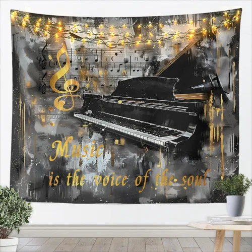 Homewish Tapiz de música de piano, notas musicales, arte para colgar en la pared, para niños, niñas, niños, adolescentes, grafiti retro, color gris