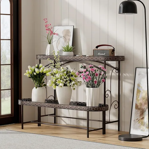 Miniatura 5 de Soporte para Plantas de Exterior Interior de 2 Niveles de Metal, Soporte para Plantas Desmontable de Servicio Pesado, Estante Alto Portamacetas