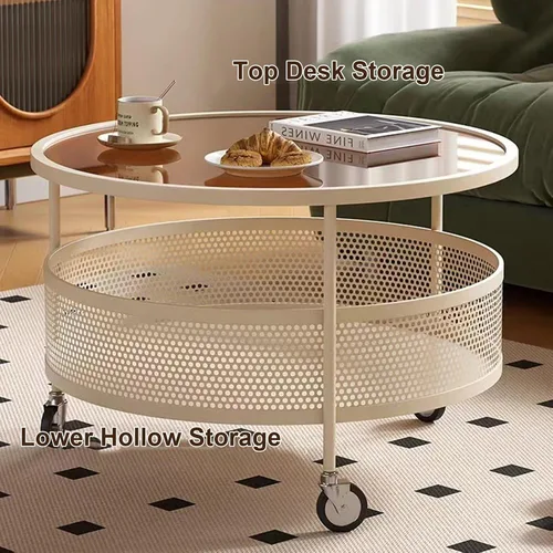 Miniatura 7 de Mesa de centro de cristal con ruedas giratorias, mesa de té redonda de 2 niveles con cesta de almacenamiento hueca de hierro, moderna mesa central