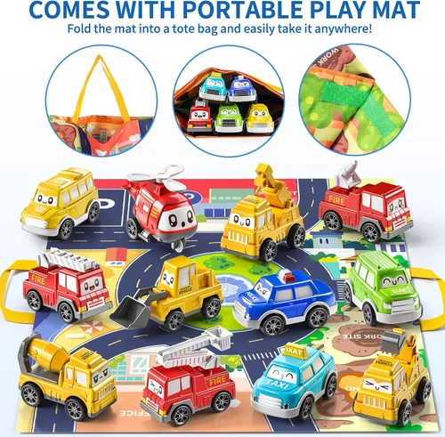 Miniatura 4 de TEMI - Juguetes de coches tirados para niños pequeños de 1, 2, 3 años para niños y niñas, 12 piezas de juguetes de coches para bebés con alfombrilla