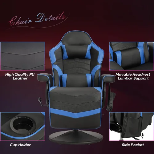 Miniatura 3 de Silla para juegos, silla reclinable para juegos con reposapiés, silla de juegos de piel sintética reclinable con masaje, sillas reclinables Azul