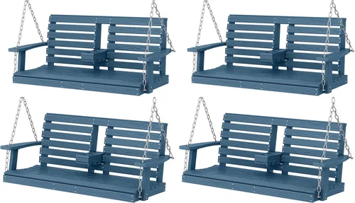 Miniatura 70 de KINGYES Columpio colgante para porche al aire libre, silla de columpio de patio de 2 asientos con portavasos, banco impermeable para patio y jardín