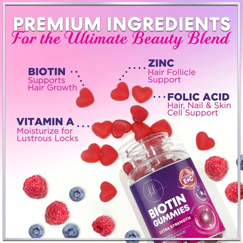 Miniatura 3 de Gomitas de vitaminas para el cabello con biotina, 5000 mcg por porción, apoyo al crecimiento del cabello con vitaminas E y C para un cabello más