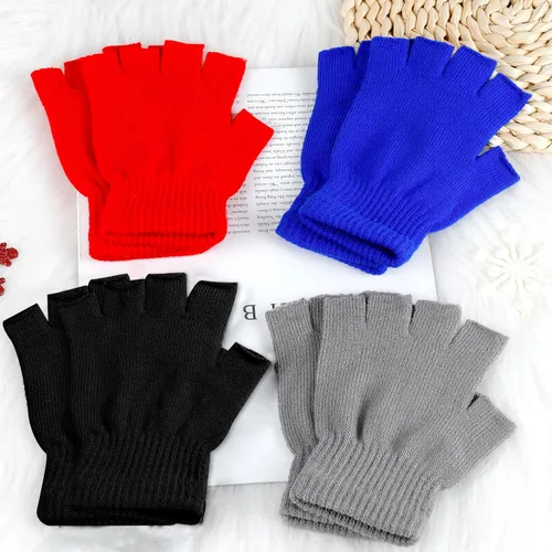 Miniatura 7 de Sumfox 4 pares de guantes negros sin dedos para mujeres y hombres, guantes unisex de medio dedo, guantes de punto, guantes elásticos de invierno