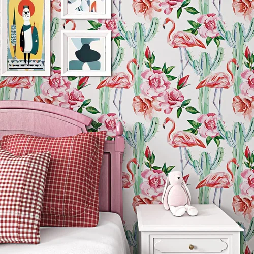 Miniatura 2 de ReWallpaper Papel tapiz de flamenco rosa con cactus tropical, para despegar y pegar, extraíble, de 17.5 x 10 pies, papel de contacto floral