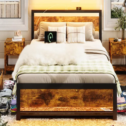 Ailisite Marco de cama de tamaño individual de granja con almacenamiento y 4 cajones, marco de cama LED rústico con cabecera y estación de carga,