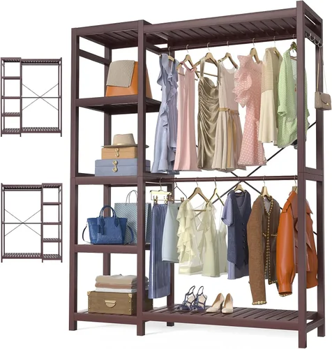Miniatura 12 de Homykic Perchero de bambú para colgar ropa, perchero resistente con estantes ajustables de 7 niveles, varillas dobles, 4 ganchos, sistema de armario