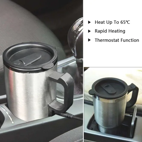 Miniatura 4 de Taza de calefacción para coche, taza de viaje de acero inoxidable de 12 V, taza eléctrica para coche, calentador de café de 15.2 fl oz, taza térmica