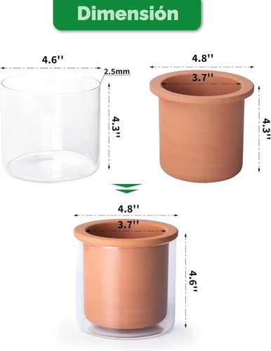 Miniatura 3 de Phoenix Vine Maceta de terracota de 4 pulgadas con autorriego para plantas, maceta cilíndrica de terracota de interior con jarrón de vidrio, juego
