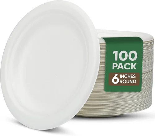 Miniatura 9 de TaidMiao Paquete de 100 platos de papel de 7 pulgadas, platos desechables 100% compostables, platos de postre resistentes, platos de caña de azúcar