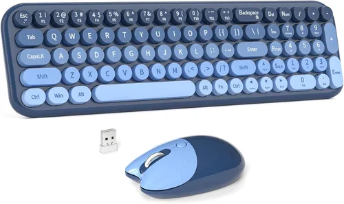 Miniatura 8 de MOWUX - Combo de teclado y mouse inalámbricos, máquina de escribir de tamaño completo, retro, redondo, lindo mouse óptico inalámbrico, Plug and Azul