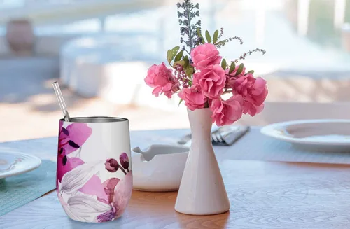Miniatura 5 de THILY Vaso de vino de acero inoxidable aislado con tapa y popote sin tallo, a prueba de salpicaduras, linda taza de viaje para café, cócteles, Flor