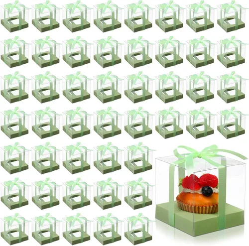 Miniatura 13 de Thenshop 50 cajas transparentes para cupcakes individuales de 3.5 pulgadas, contenedores de plástico individuales para cupcakes con insertos y Blanco