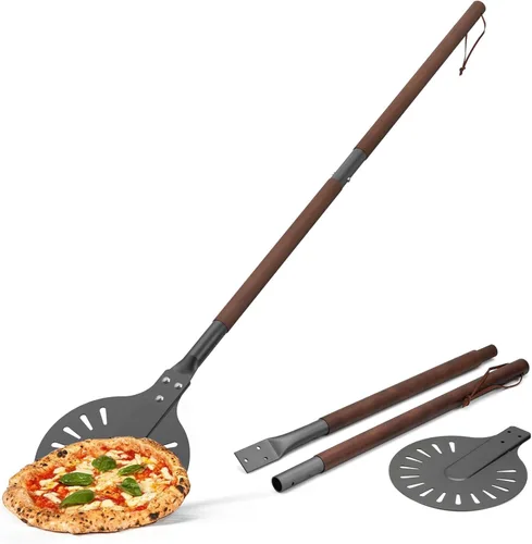 Pala giratoria de pizza de aluminio perforado de 8 pulgadas con mango de madera, espátula de pizza de longitud ajustable 2 en 1, 48 pulgadas para
