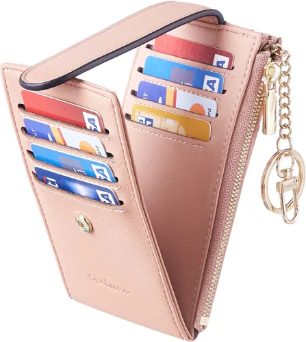 Miniatura 6 de Chelmon Billetera delgada para mujer, con bloqueo RFID, plegable, con bolsillo con cremallera, Rosa con llavero, Minimalista