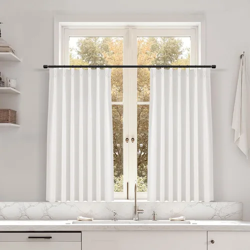 Miniatura 131 de Juego de 2 paneles de cortinas de ventana de cocina beige de 24 pulgadas de largo, con textura de lino, plisadas, filtrantes de luz, semi pequeñas